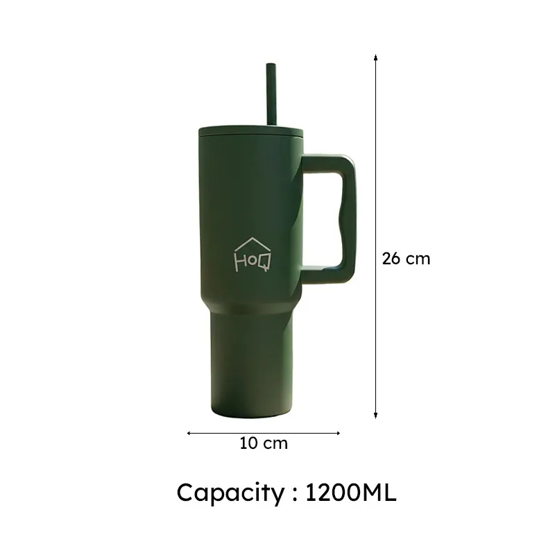 Dark green tumbler with handle and straw shown with size markings