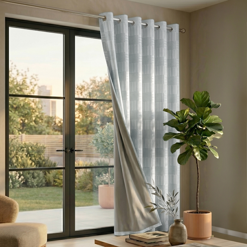 Meya Self Design Cotton Curtains With Lining - Grey - Window - 5 Feet