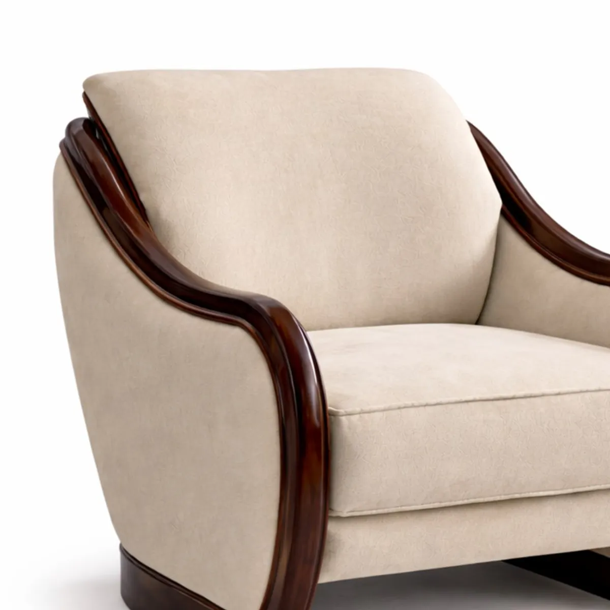 Close-up of beige textured upholstery and polished dark wood chair arm