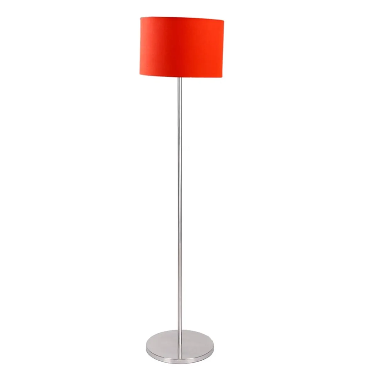Orange drum shade floor lamp with slim steel stand on a white background