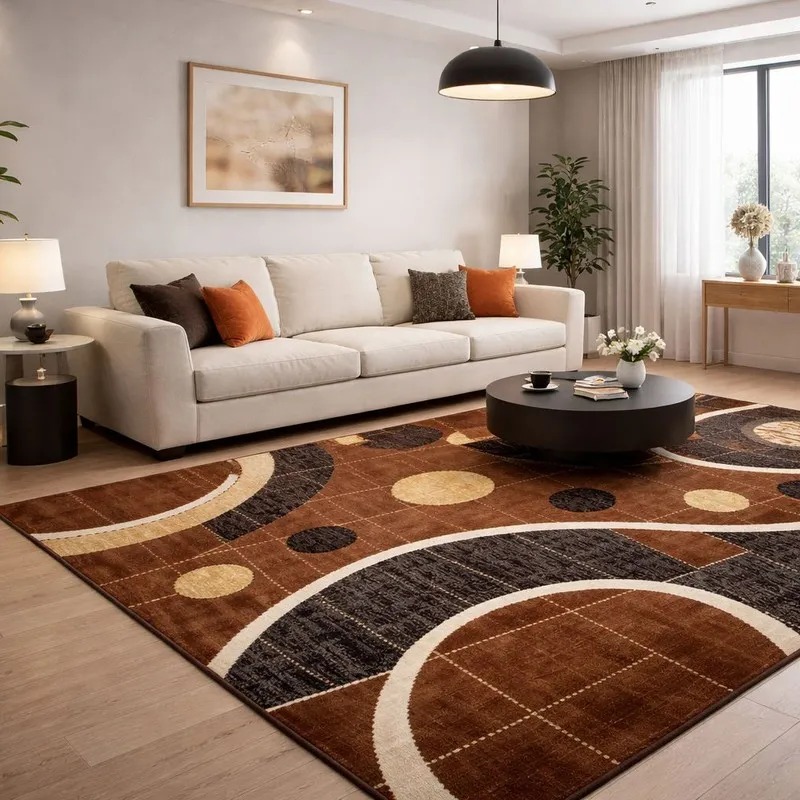 Large maroon and beige abstract carpet styled in a living room