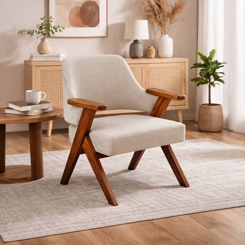 Corvello Teak Wood & Velvet Accent Chair - Beige