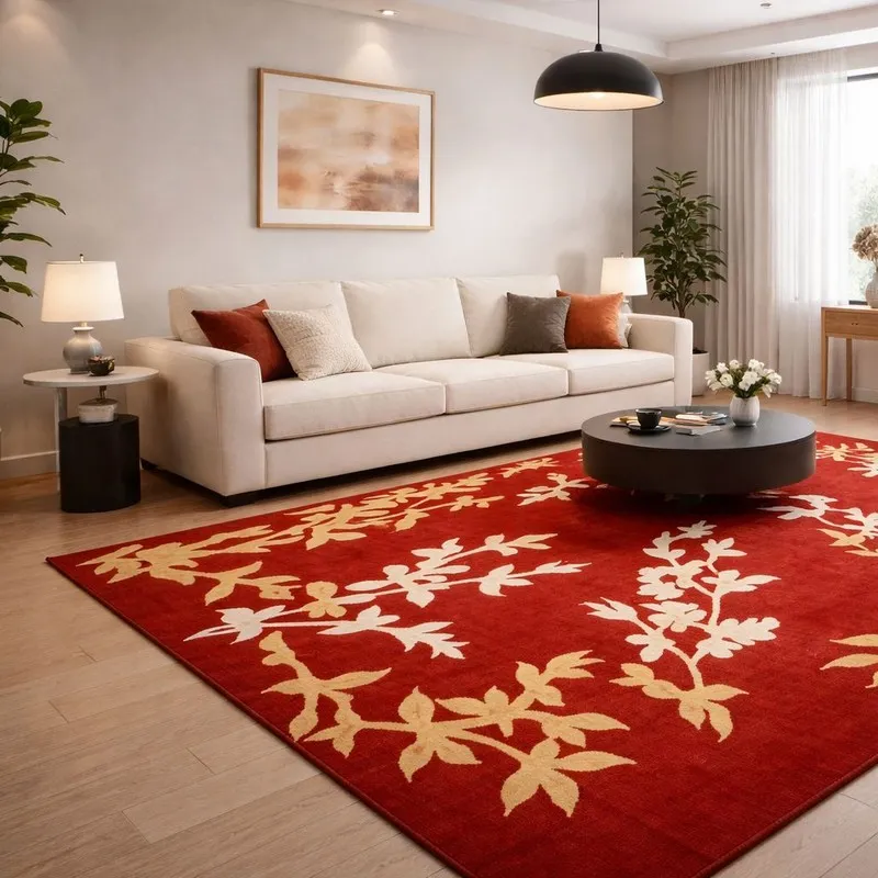 Large maroon carpet with leafy pattern in a living room
