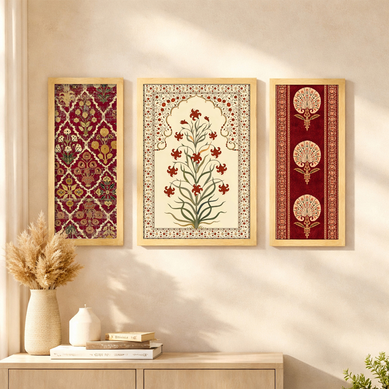 Floral Heritage Wall Art With Frame - Set of Three