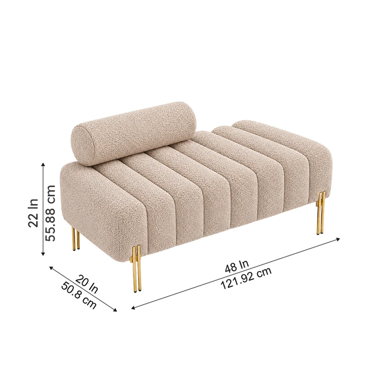 Angled beige boucle bench with visible length, depth and height measurement markings.