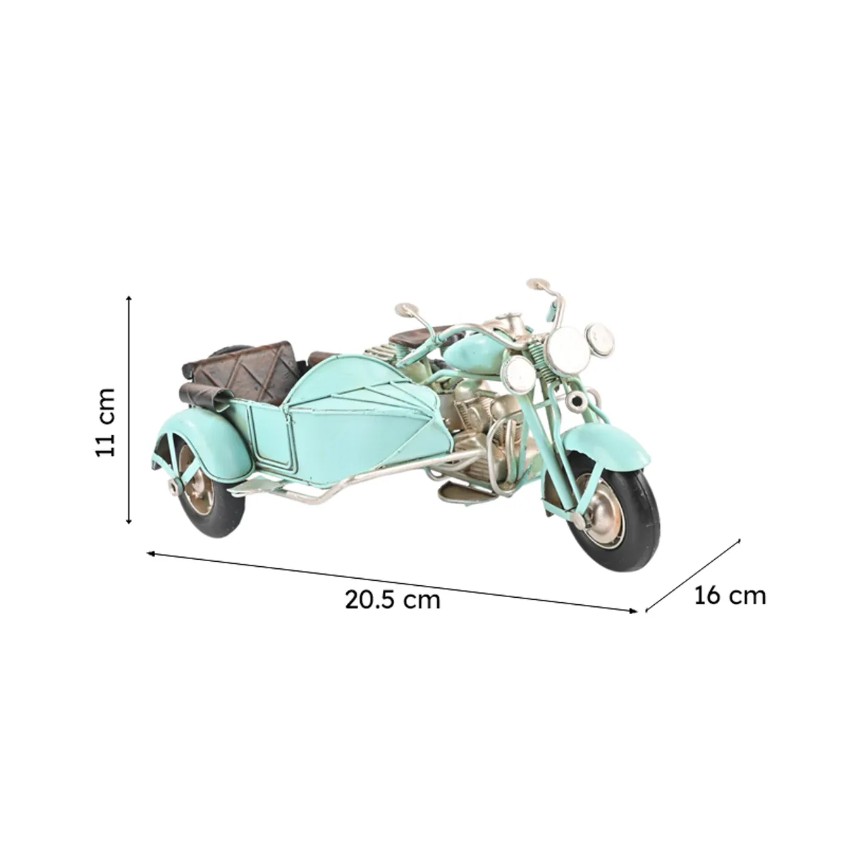Blue motorcycle sidecar showpiece with dimensions shown