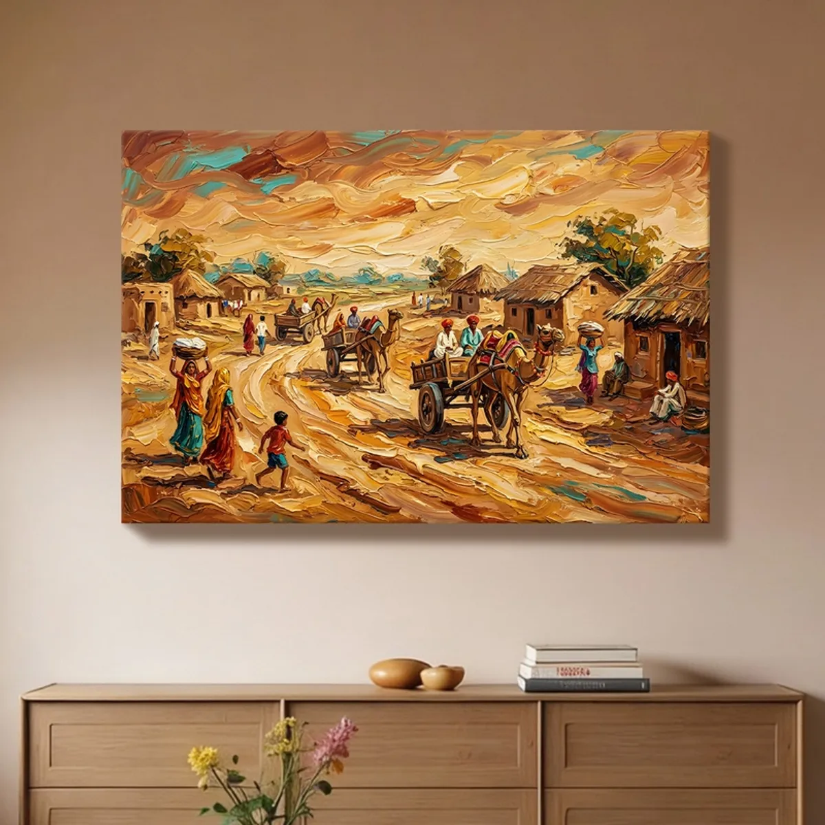 Rustic multicolour village scene wall painting hung above a wooden sideboard