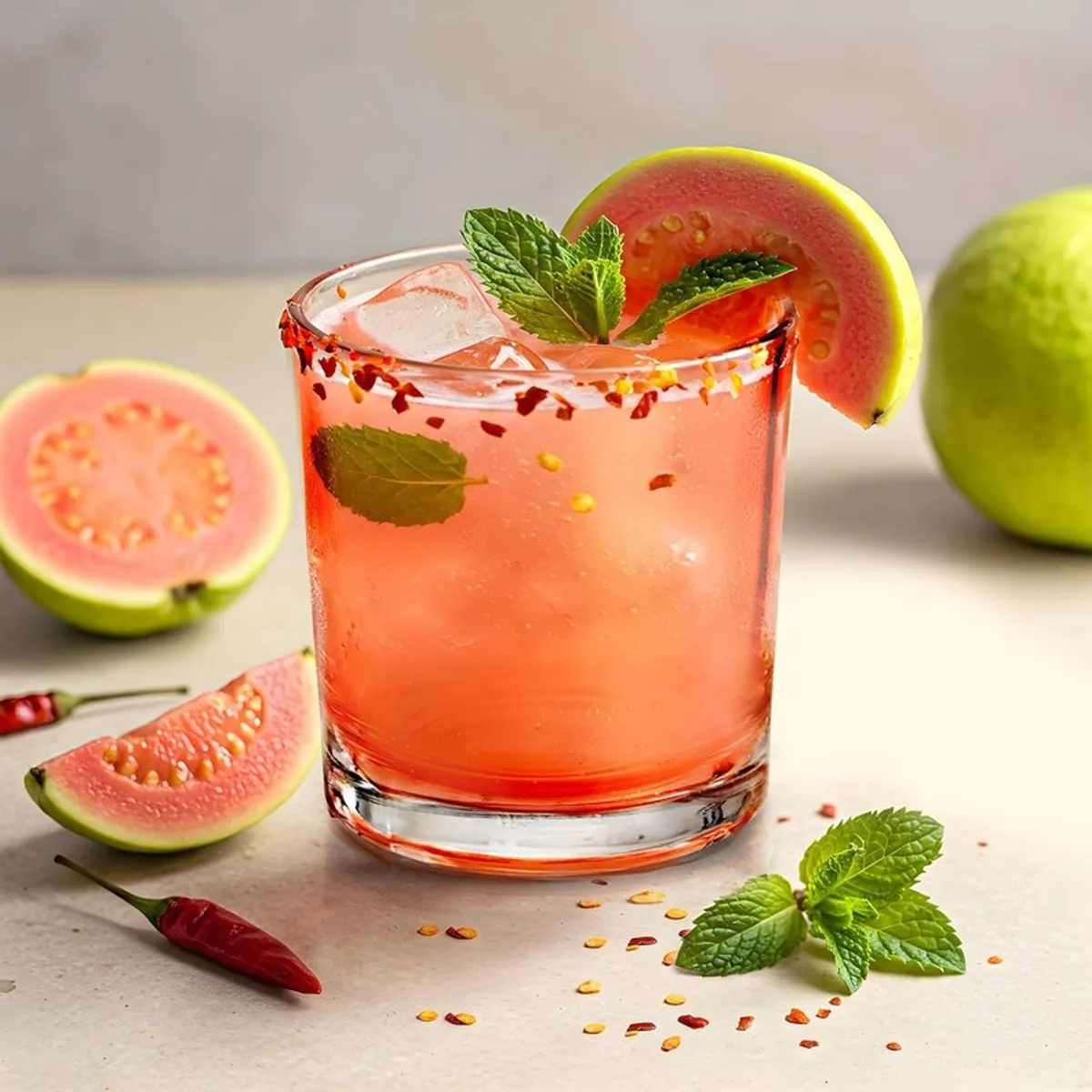 Clear glass filled with a pink fruit drink, mint and a guava garnish