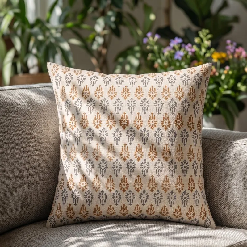 Printed white cushion cover with orange and grey motifs on a sofa