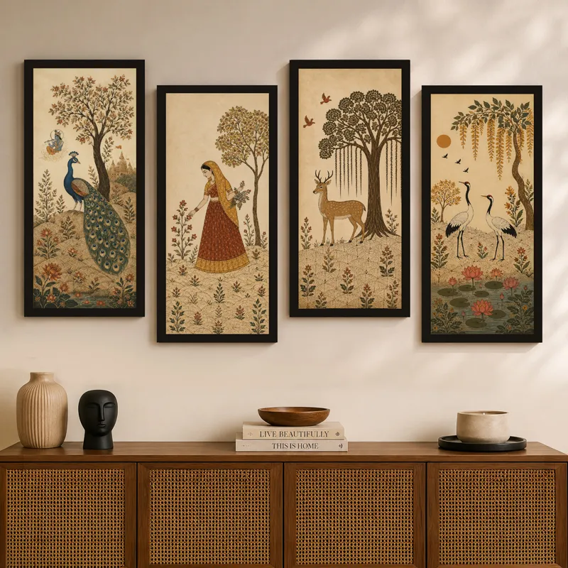 Four framed heritage paintings styled above a cane-front wooden sideboard.