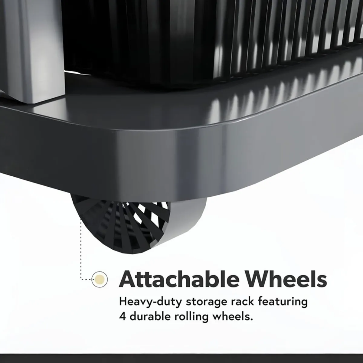 Close-up view of the rack's wheel beneath its base