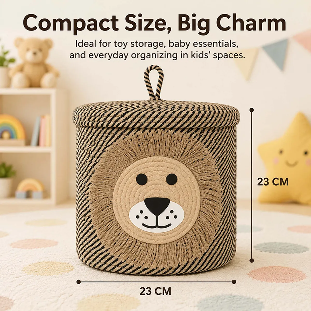 Front view of lion-face lidded basket with compact cylindrical shape