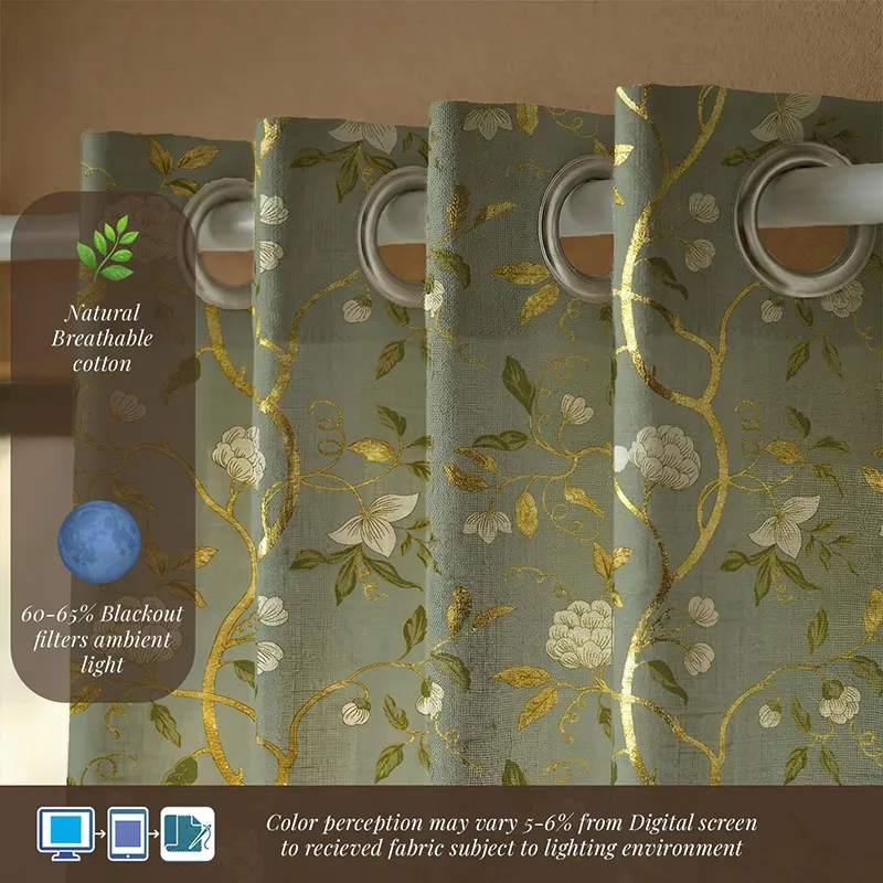 Close-up of eyelet header on sage green curtain with gold floral print