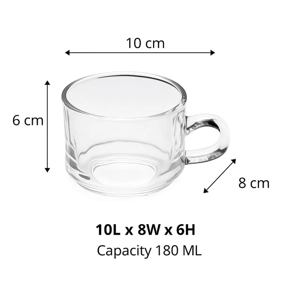 Transparent glass tea cup shown with dimensions and 180 mL capacity