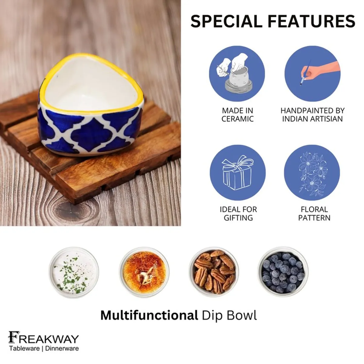 Single blue and white patterned dip bowl with decorative feature icons