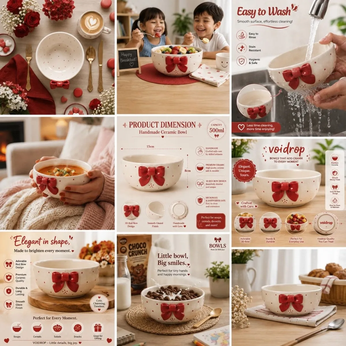 Red bow bowl shown with meals, children, washing and dimension visuals.