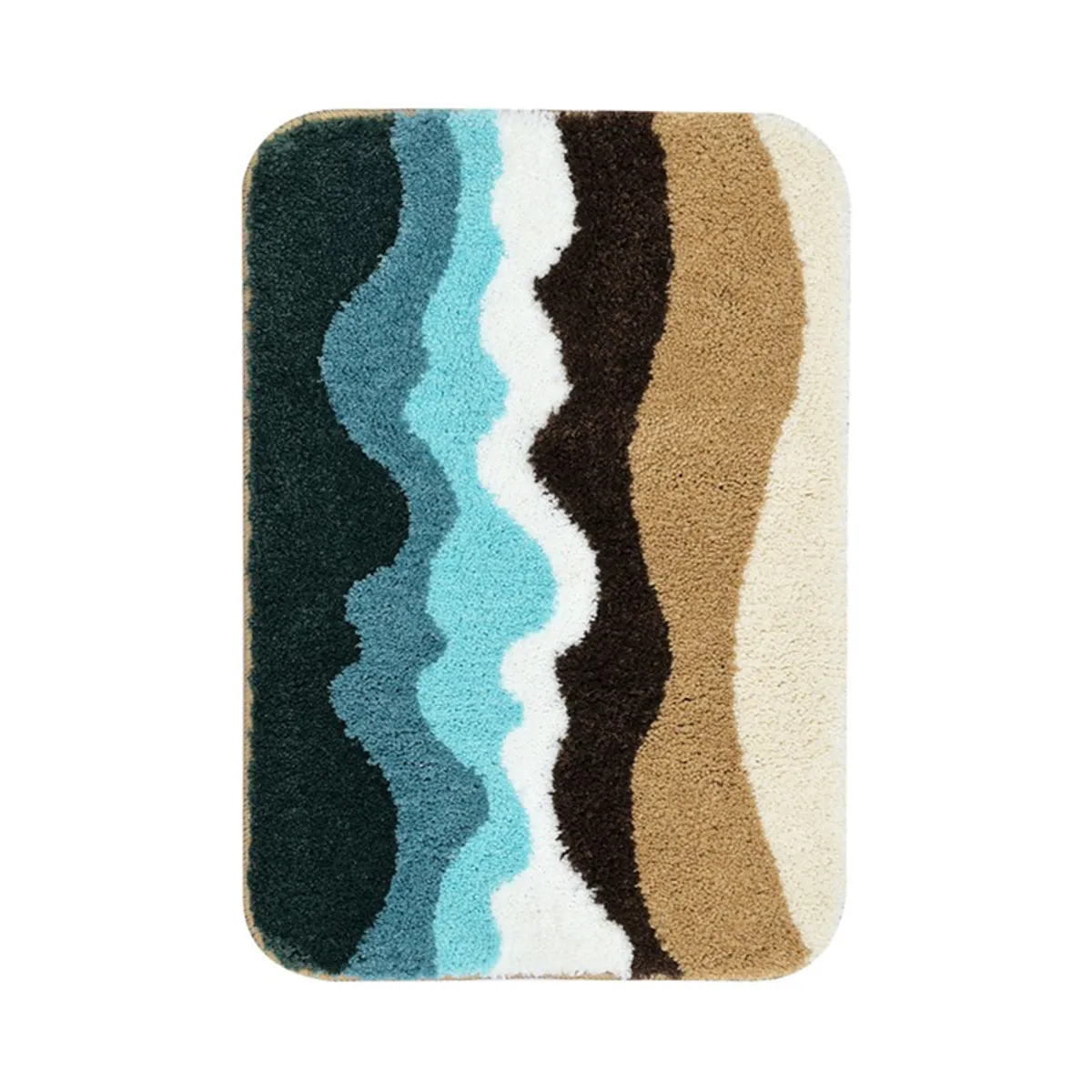 Top view of rectangular bath mat with abstract multicolour wavy pattern