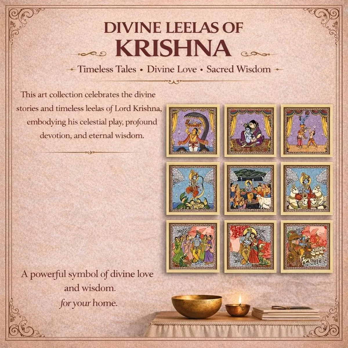 Decorative Krishna Leela painting set shown beside devotional décor and text