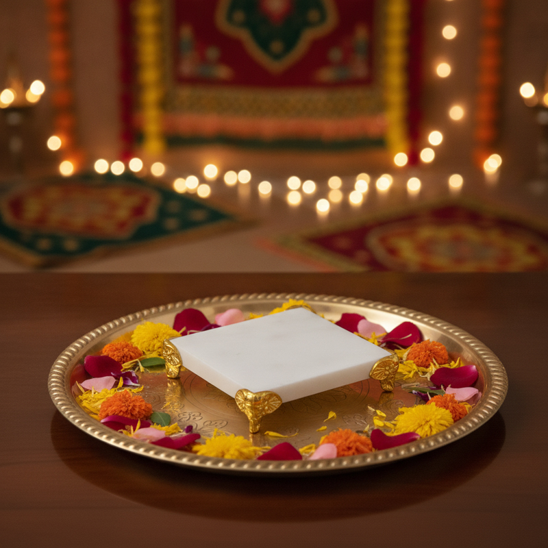 Celestial Petal Marble Pooja Chowki - White