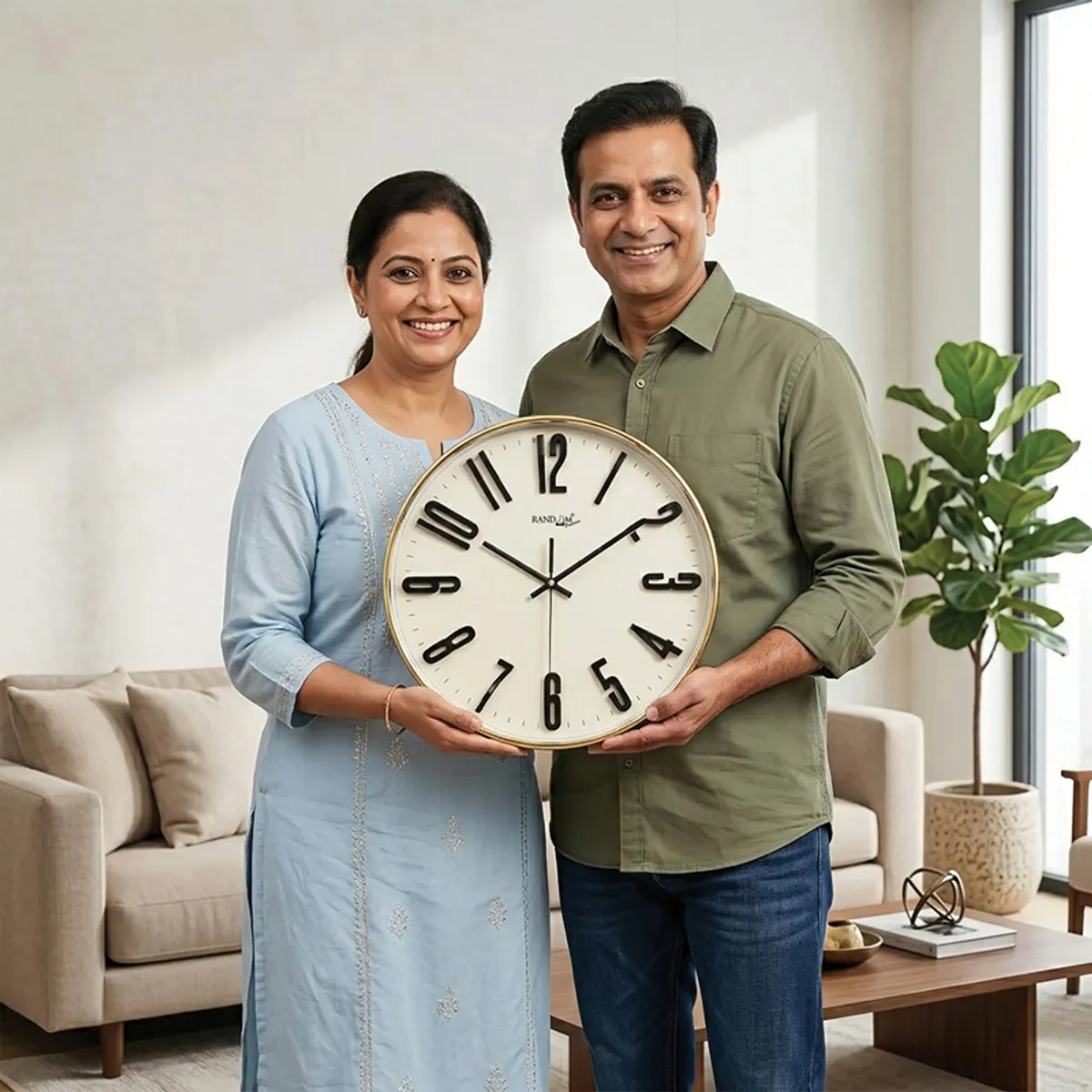 Couple holding the round white and black wall clock indoors