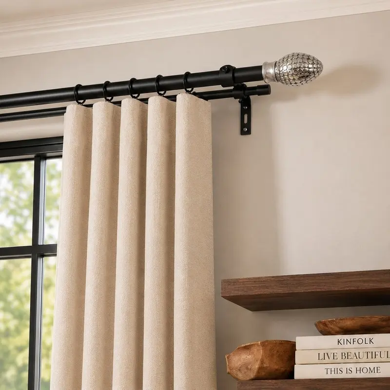 RodGlow Extendable Double Curtain Rod with Stud Finial & Bracket - Black - M