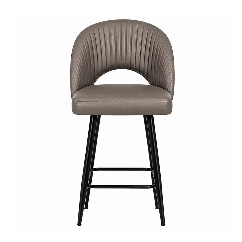 Front view of grey ribbed bar chair with black metal legs