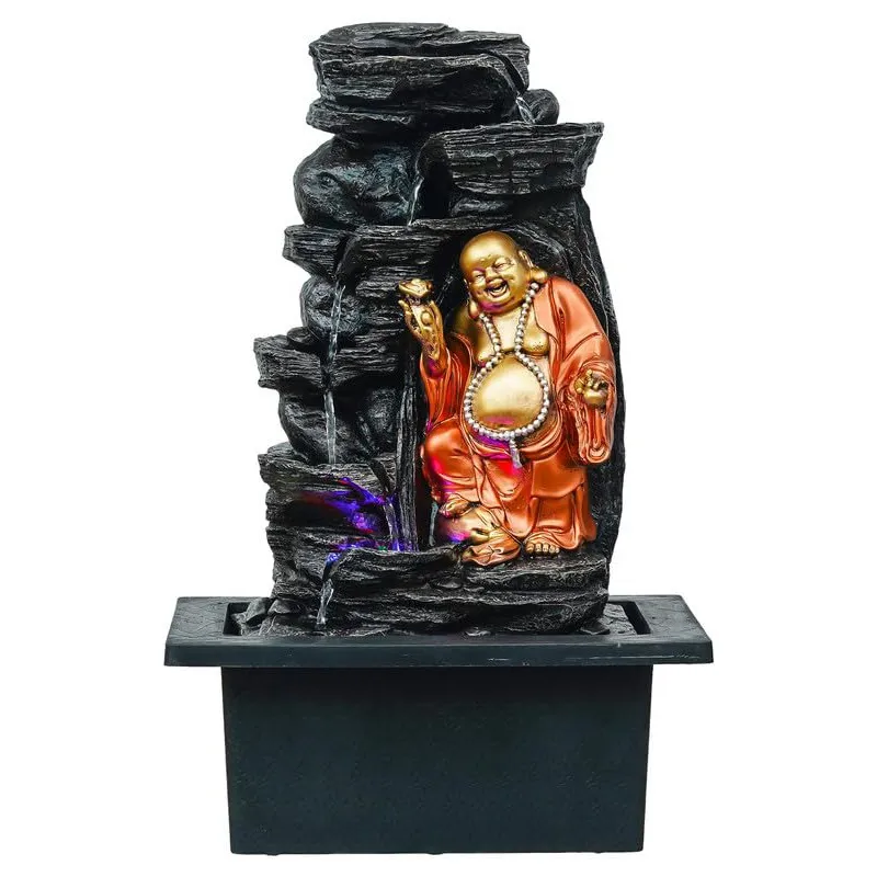 Front product shot of Laughing Buddha LED fountain on white background