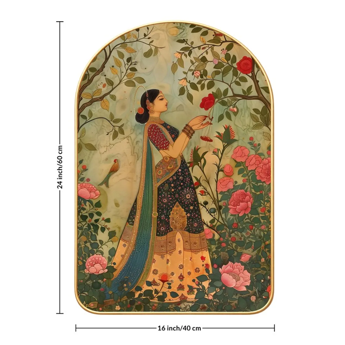 Single arched wall art panel with royal lady and floral garden illustration