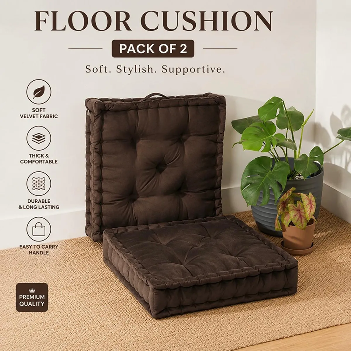 Brown velvet floor cushion displayed on a rug in a bright living room.