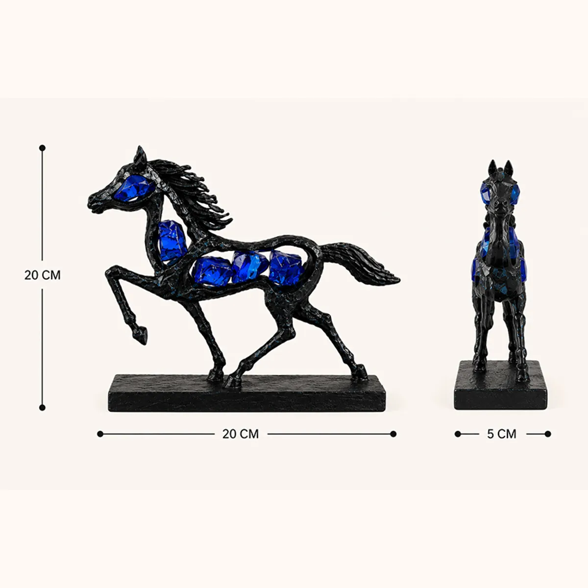 Front and side views of the black horse showpiece with blue accents