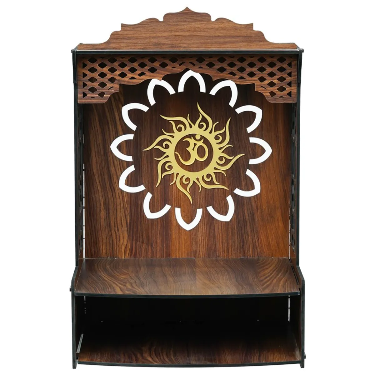 Empty brown wooden mandir front view with decorative Om panel