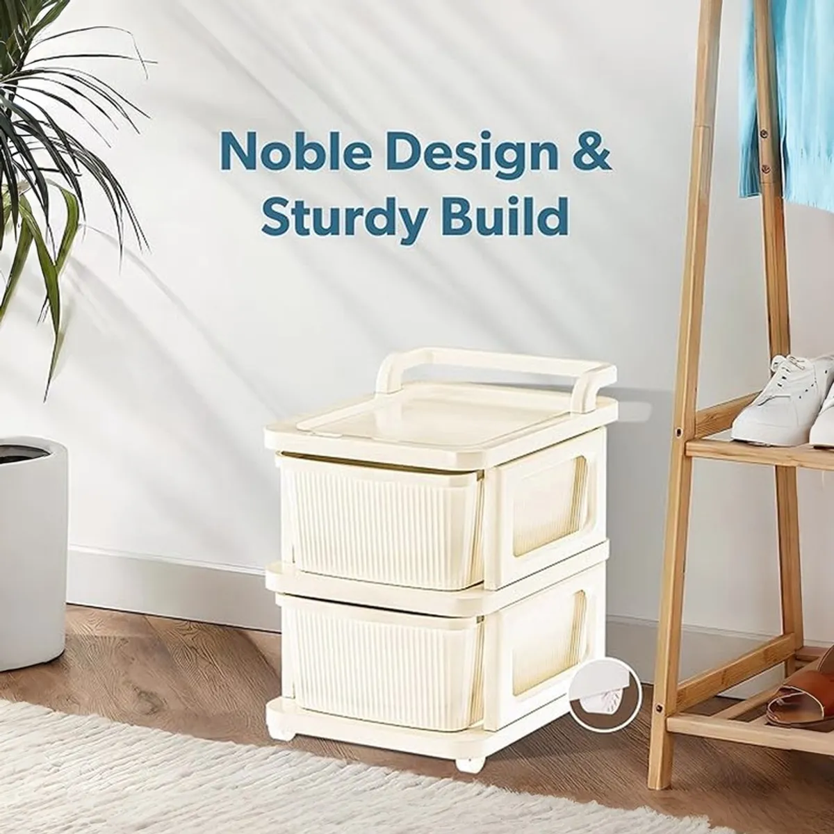 White storage rack with drawers and wheels styled beside a wooden shelf