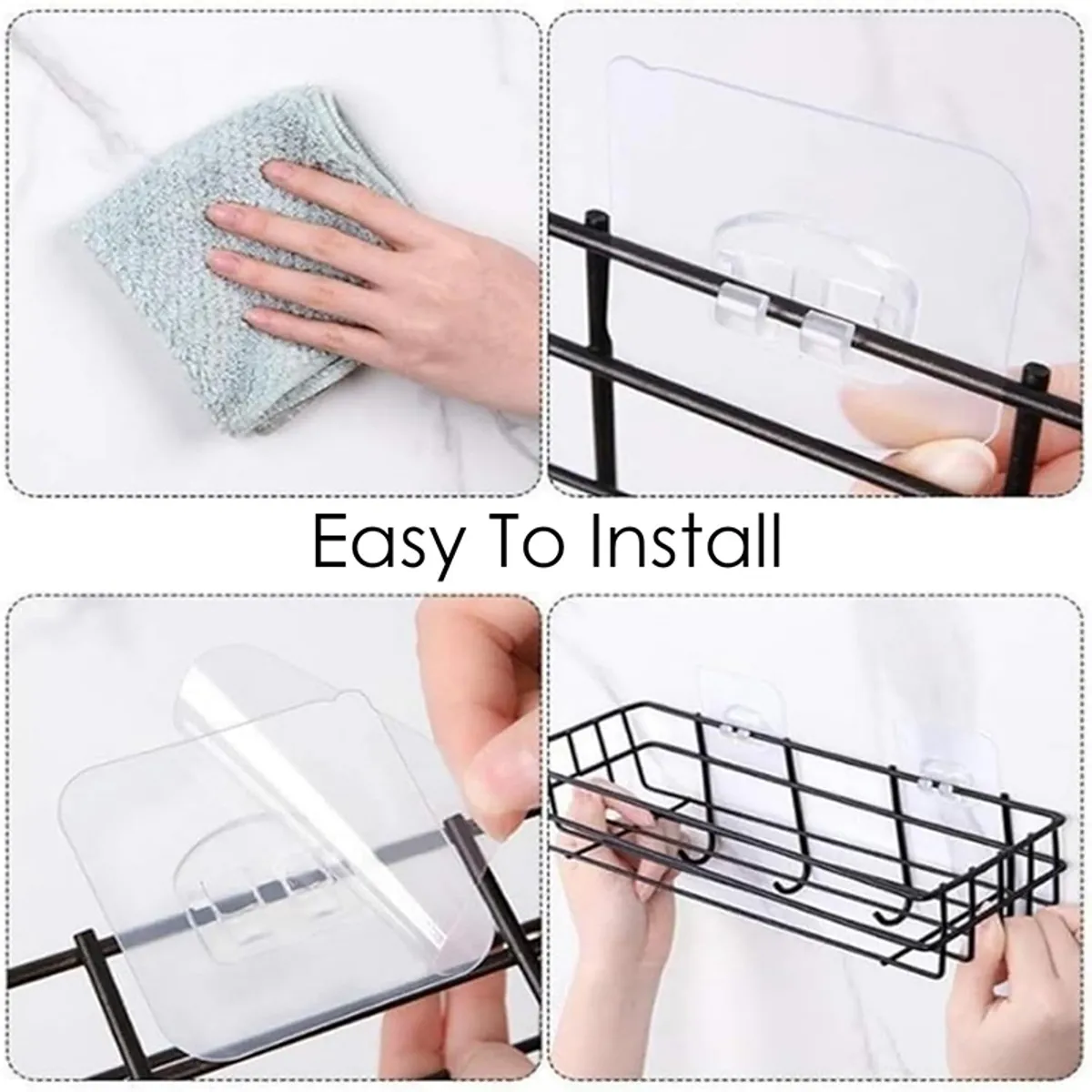 Installation steps for a black self-adhesive wall shelf