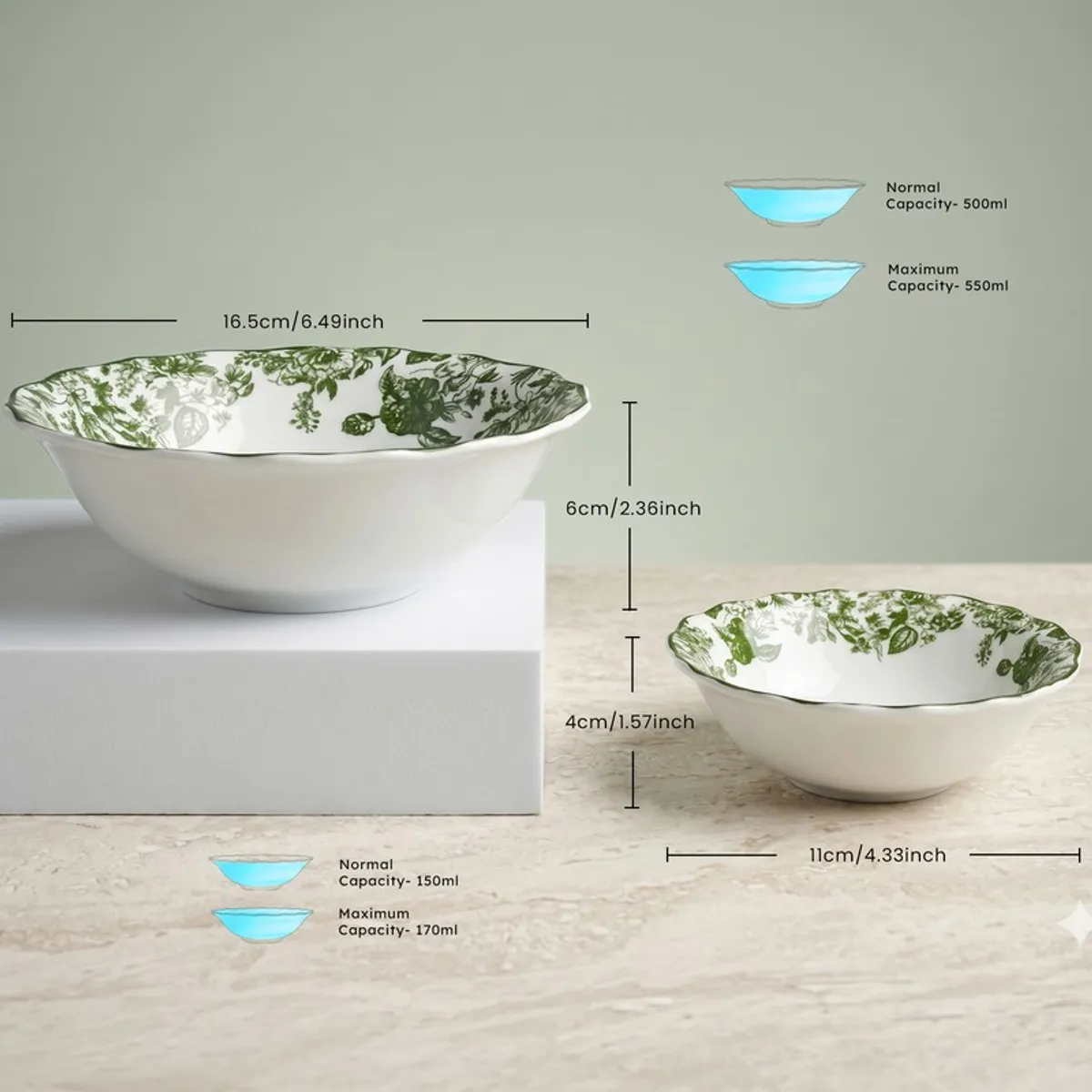Green and white floral serving bowl and small bowl displayed together