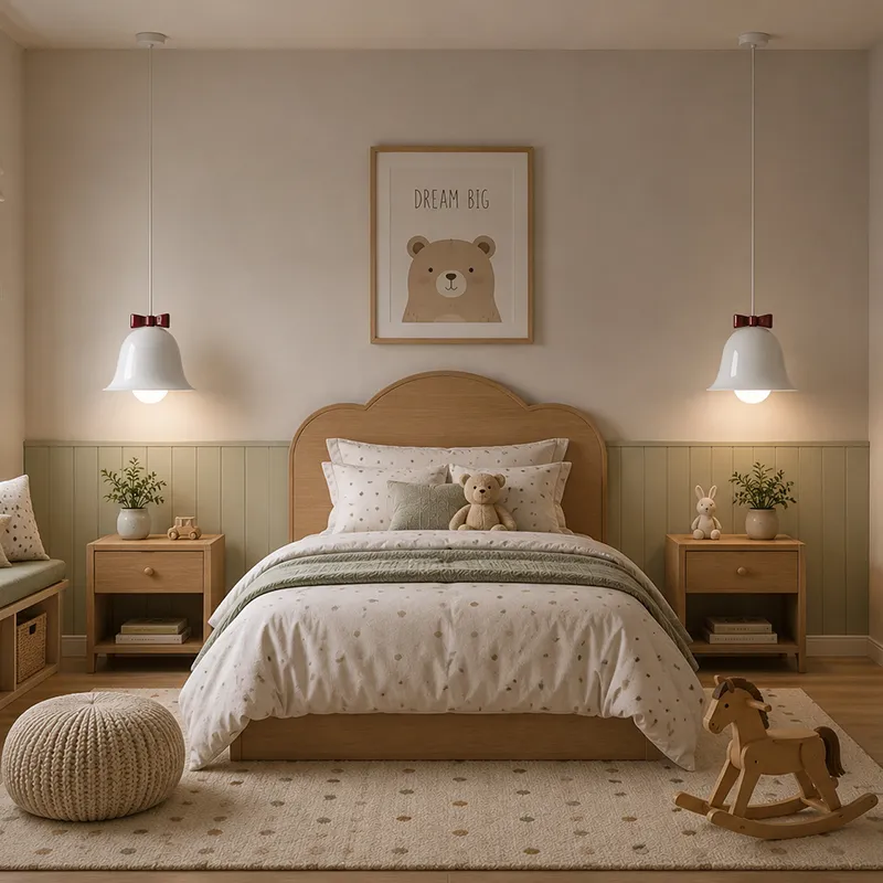 Two white bell pendant lamps with red bow details hanging on either side of a bed