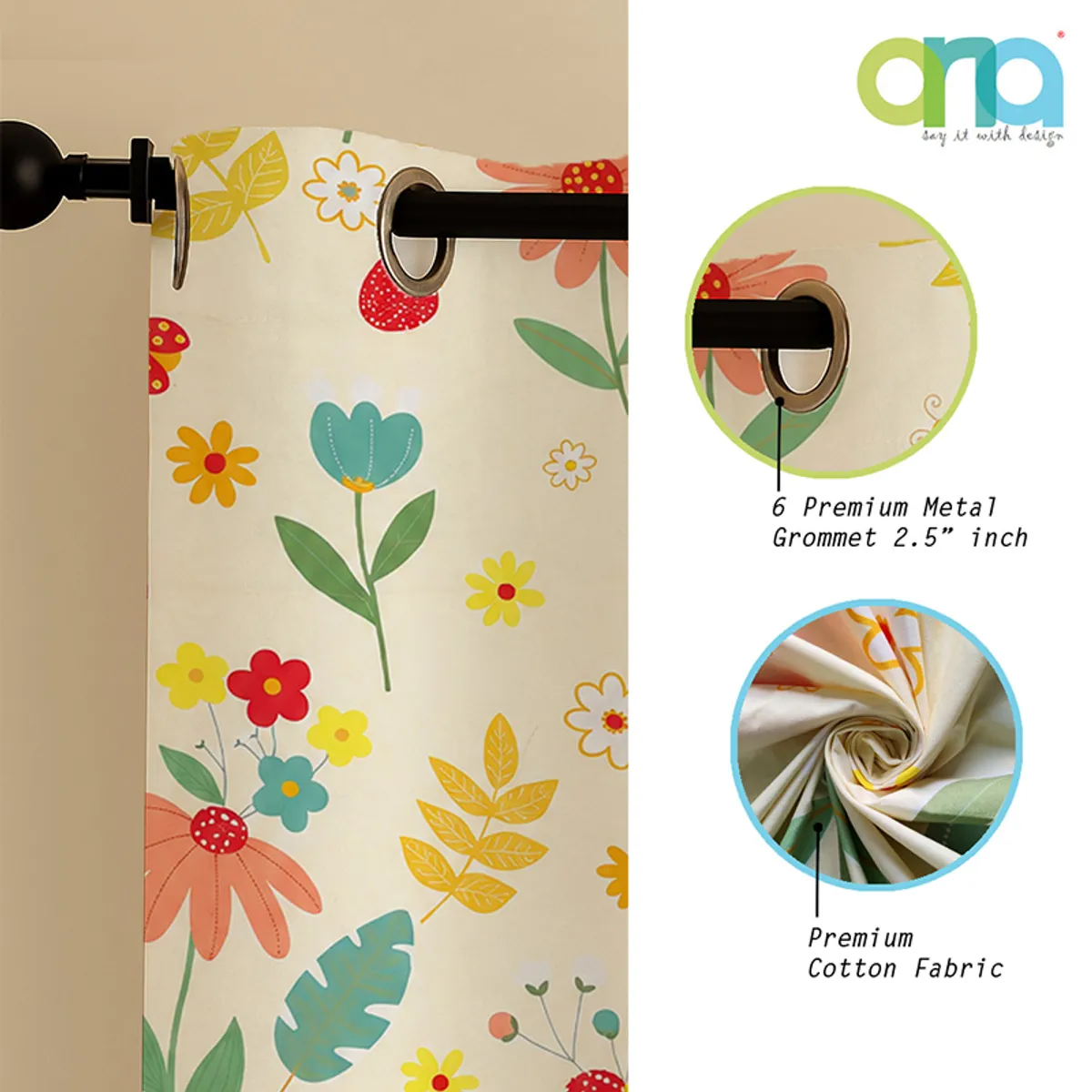 Close-up panel of floral curtain and eyelet header details