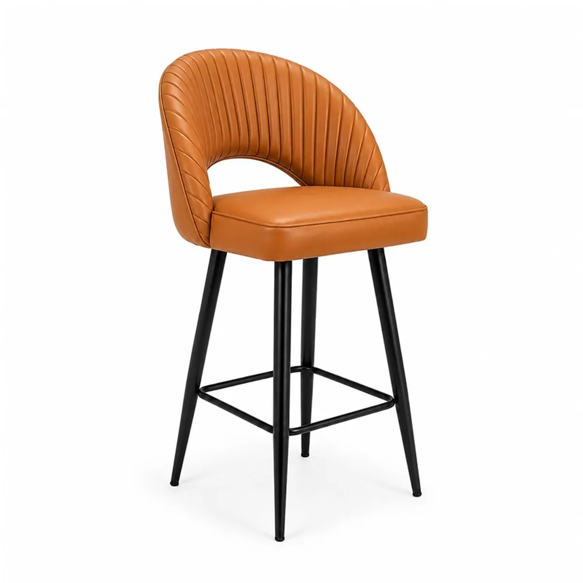 Angled view of orange ribbed bar chair with curved back