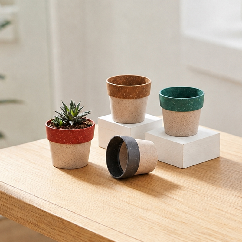 Linen Texture Rice Husk Planter - Set of Four