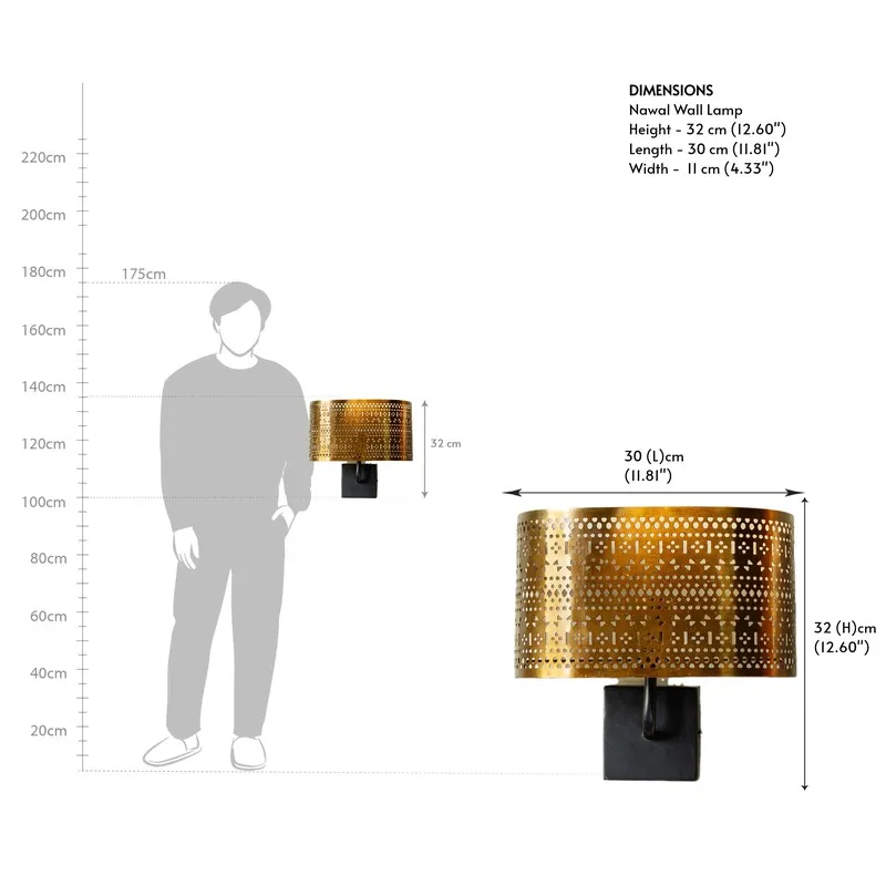 Gold perforated wall lamp shown with dimension reference graphic