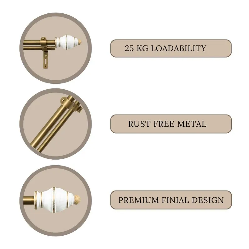 Curtain rod detail with white finial and brown metal rods