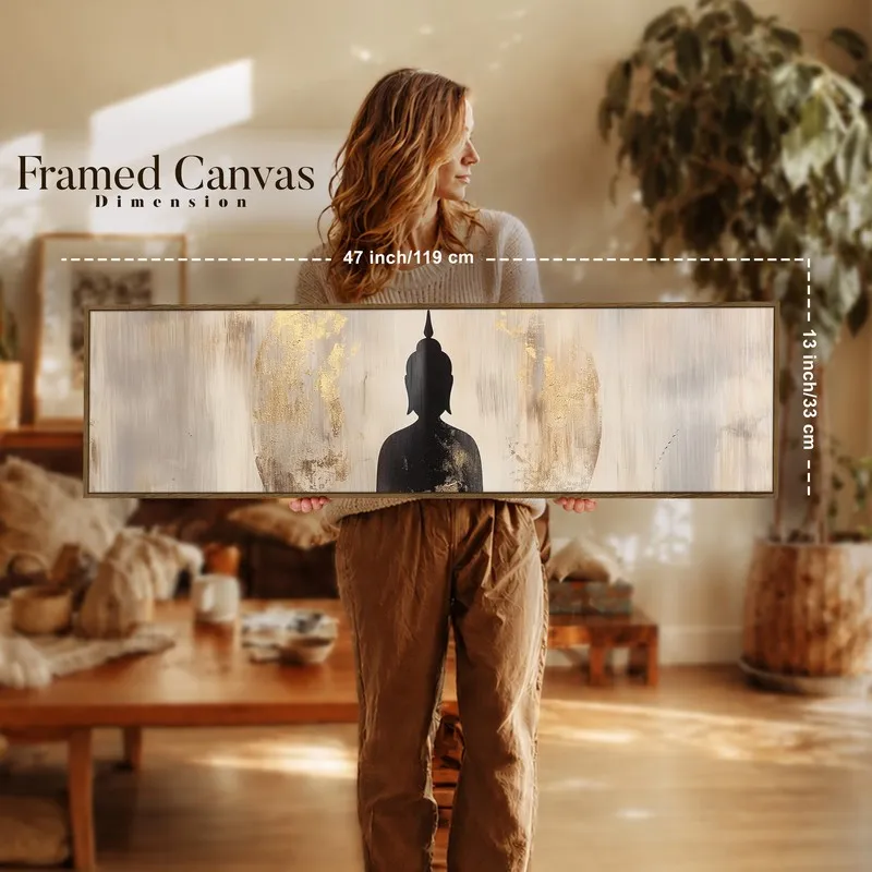 Person holding long framed Buddha canvas wall art