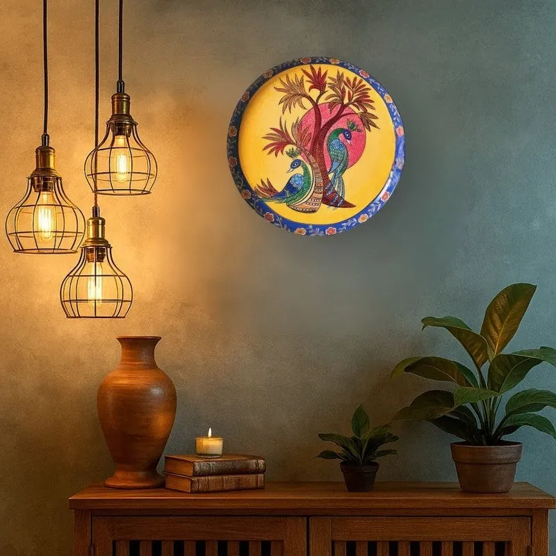 Round peacock wall plate hung on a wall above a wooden console