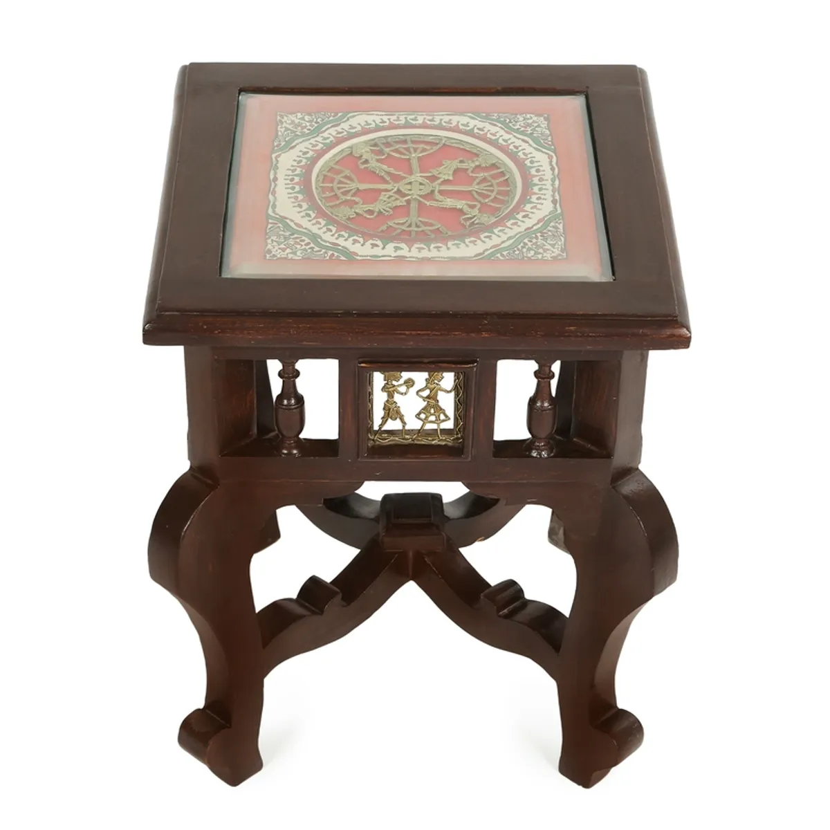 Front view of a brown square side table with a decorative inset tabletop.