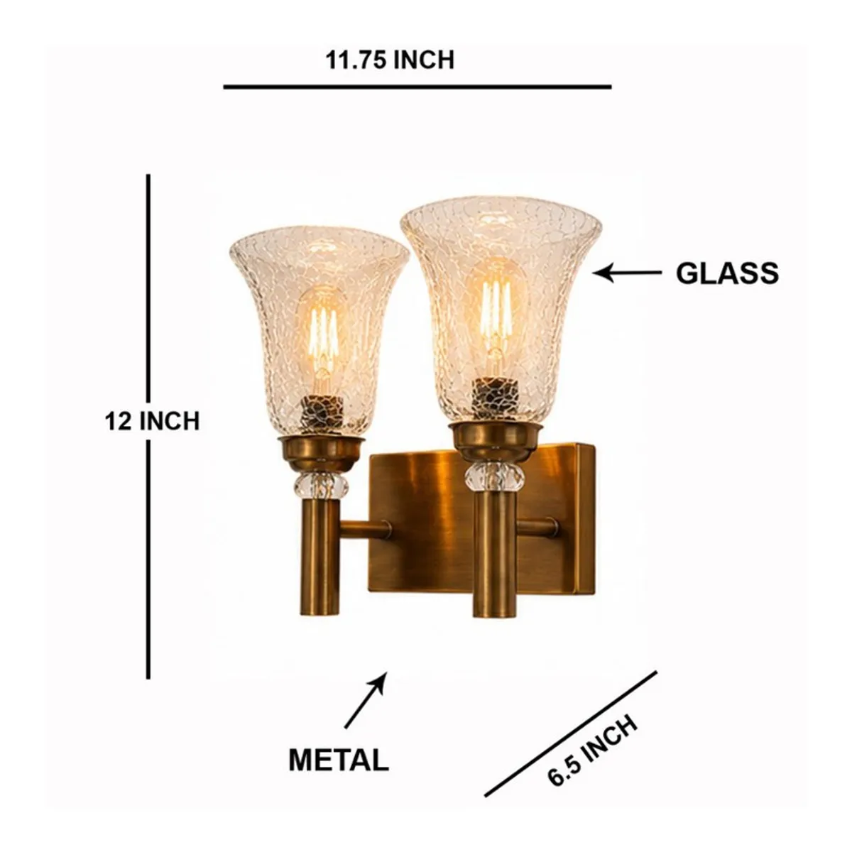 Gold twin wall lamp with visible height and width measurement markings