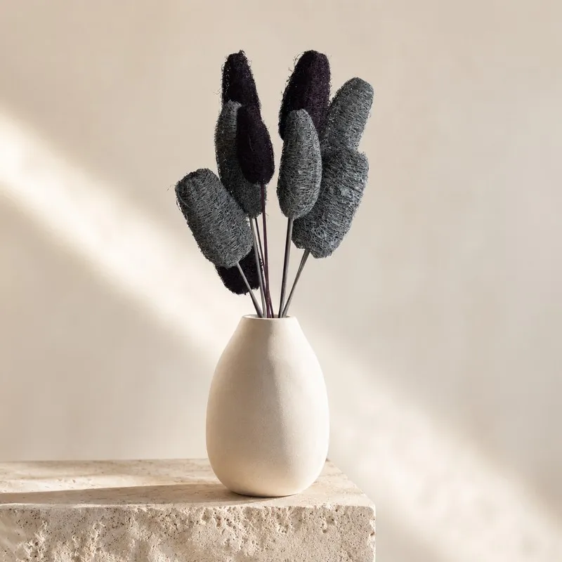 Black and grey dried luffah stems displayed in a white vase