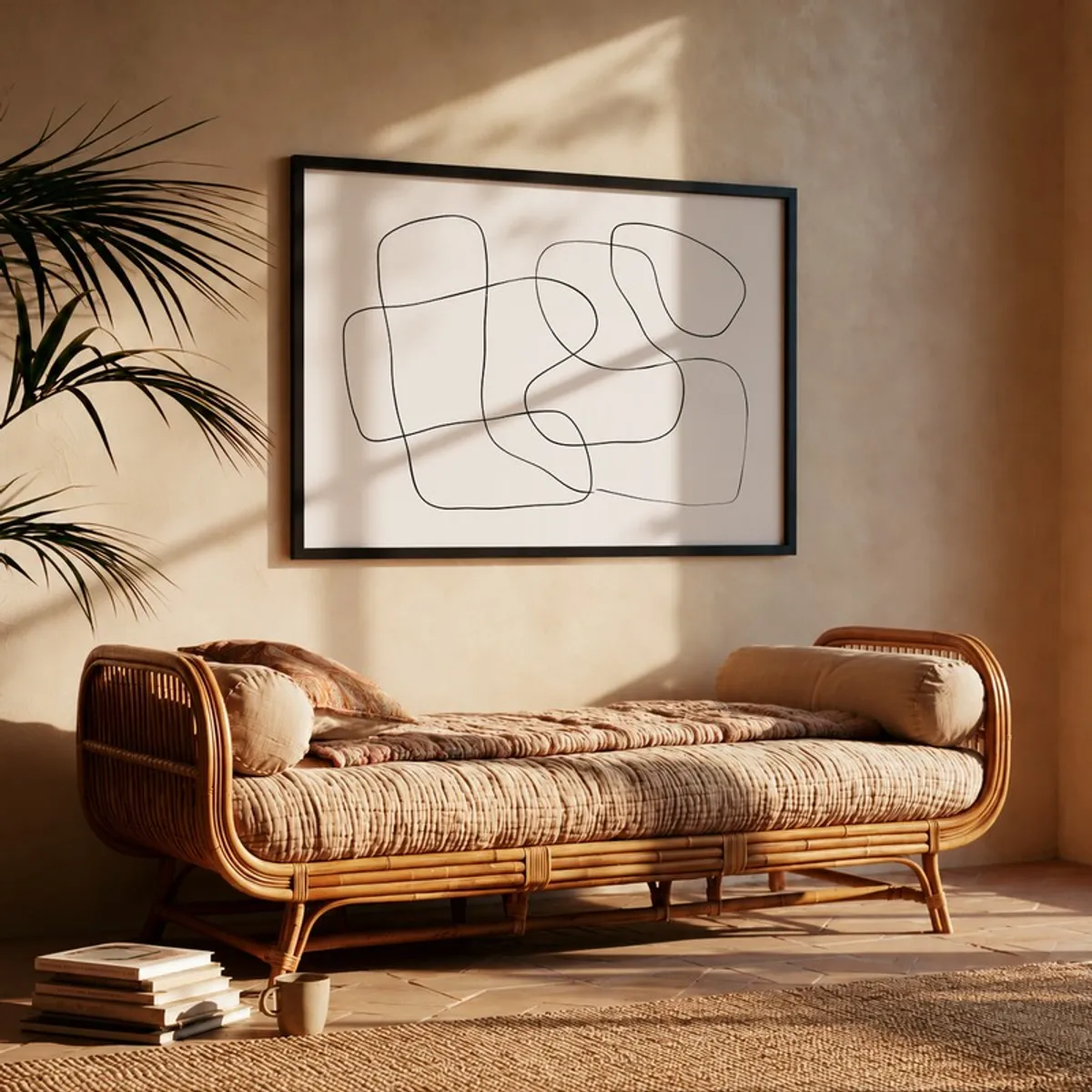 Black framed abstract line wall painting above a rattan daybed