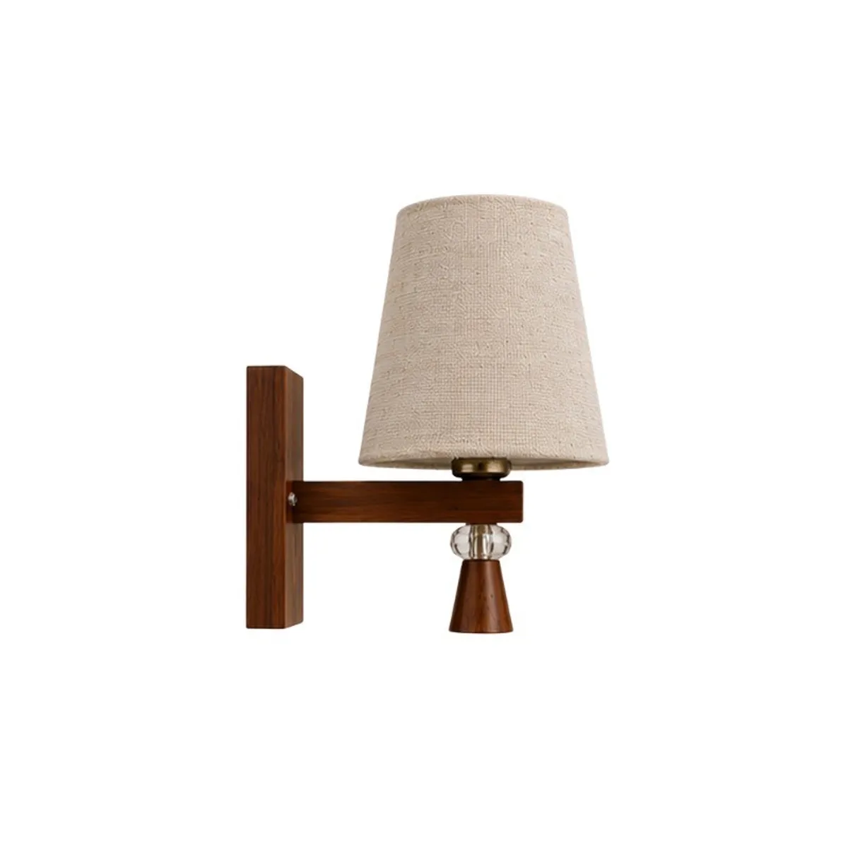 Side view of the beige textured wall lamp with its wood wall-mount base.