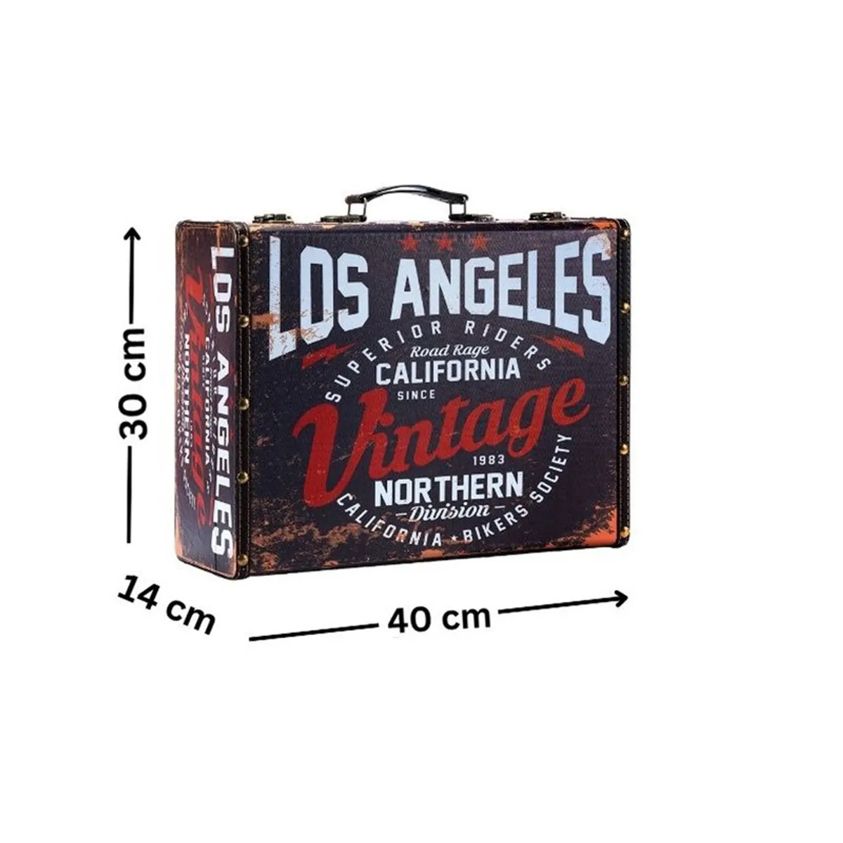Suitcase-style storage box with typographic print shown with dimension arrows