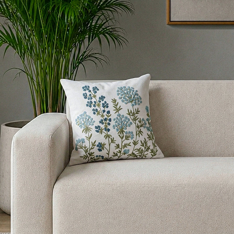 Azure Bloom Cotton Cushion Cover