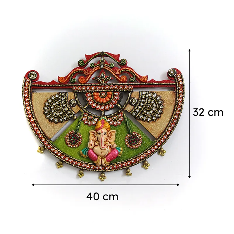 Front view of the Ganesha wall accent with size markings shown in the image